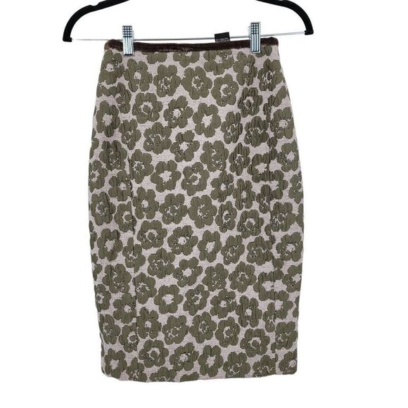 Etcetera Wool Silk Skirt Sz 0 Retro 60s Green Quilted Flower Kick Pleat Straight - Picture 1 of 8